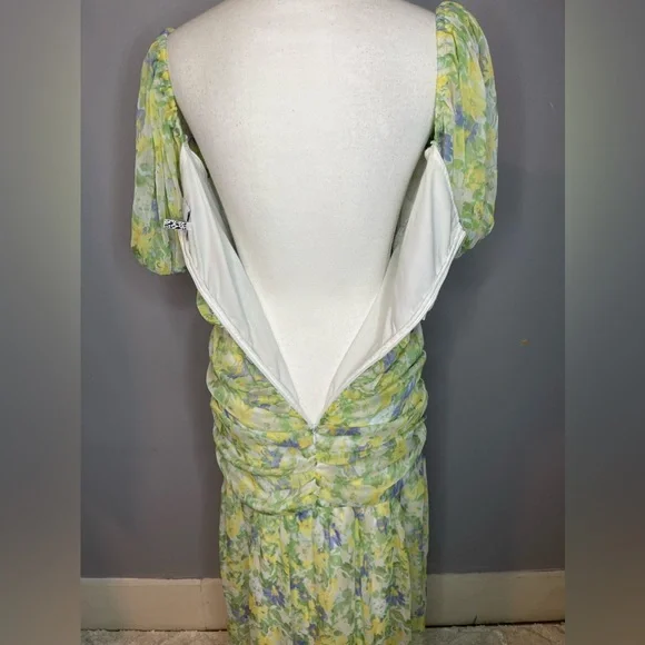 ASOS ruched puff sleeve maxi dress white base yellow blue floral print - Picture 10 of 15